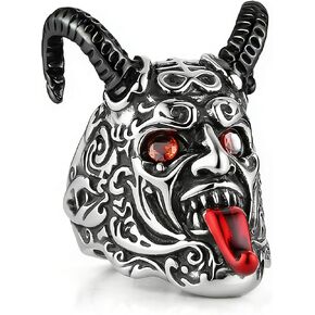 HZMAN Stainless Steel Demon Head Ring for Men Women, Gothic Satan Horned Devil Ring with Red Crystal Eyes, Vintage Punk Biker Jewelry for Halloween & Rock Style Size 7-13 in Kuwait