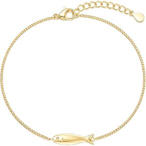 Gold Fish Bracelet for Women, Minimalist Sideways Fish Chain Bracelet, 925 Sterling Silver Gold Plated Dainty Bracelet, Adjustable 6.3"+2" Extender, Cute Animal Jewelry Gift in Saudi Arabia