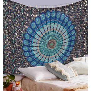 Blue Green Wall Hanging Bohemian Psychedelic Peacock Tapestry, Psychedelic Hippie Mandala Dorm Décor for Hanging, Bedding, Beach Coverlet Curtain (Blue Green, 55"X85") in Saudi Arabia