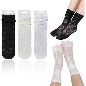 3Pairs Lace Tabi Socks for Women, Split Toe Socks with Mesh Novelty Design for Flip Flops, Sandals,Daily Wear (White, Cream, Black) in Kuwait