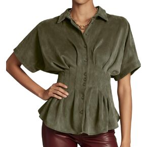 Women's Casual Faux Suede Shirt Button Down Peplum Tops Short Sleeves Flared Blouse in Saudi Arabia