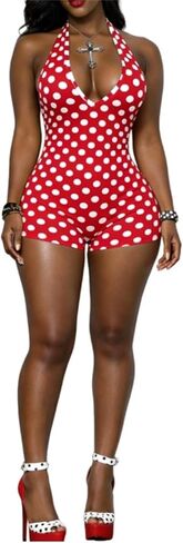 cu4eve Sexy Club Outfits For Women Polka Dot Halter Romper Going Out Summer Sleeveless Bodycon One Piece Short Jumpsuits in Saudi Arabia