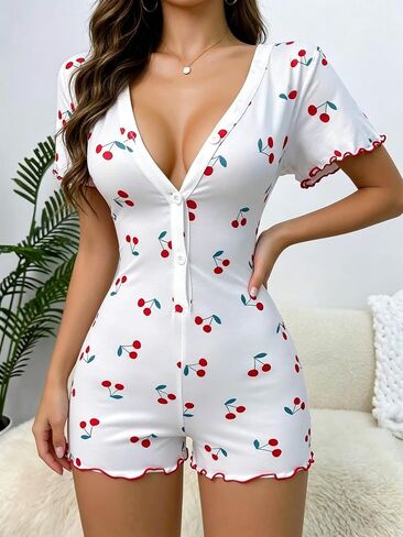 Women's Summer Casual Romper Short Sleeve V Neck Button Front Cherry Print Short Jumpsuits Vacation Sleepwear Clothes in Kuwait
