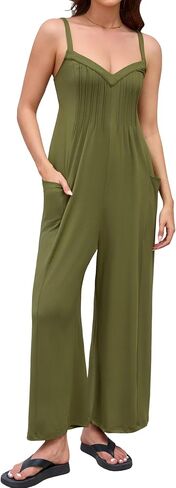 MAKABO Women's Summer One Piece Jumpsuits V Neck Wide Leg Pant Rompers Sleeveless Casual Outfits with Pockets in Saudi Arabia