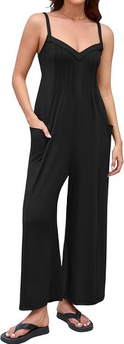MAKABO Women's Summer One Piece Jumpsuits V Neck Wide Leg Pant Rompers Sleeveless Casual Outfits with Pockets in Saudi Arabia