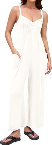 MAKABO Women's Summer One Piece Jumpsuits V Neck Wide Leg Pant Rompers Sleeveless Casual Outfits with Pockets in Saudi Arabia