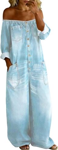 Sexy Off Shoulder Denim Jumpsuit For Women, Button Down Wide Leg Jean One Piece Outfit, Casual Summer Women's Jumpsuit in Kuwait
