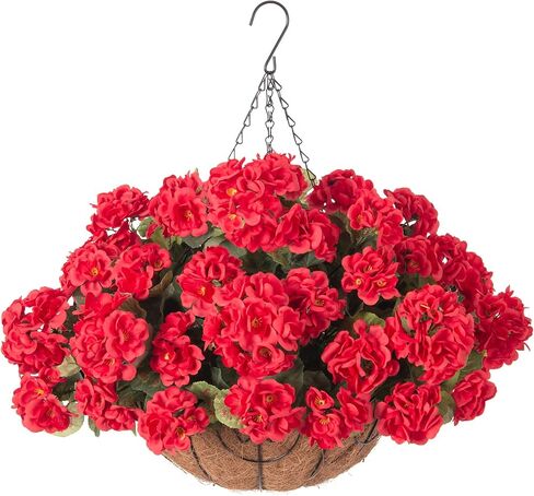 INSPRING Geraniums Artificial Flowers Hanging Basket for Outdoors Outside Spring Decoration, 8 Bundles Silk Flowers Fake Plants Look Real UV Resistant for Porch Home Patio Balcony Yard, Red in Saudi Arabia