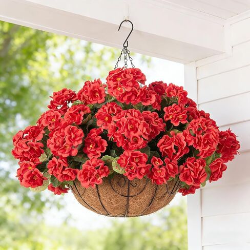 INSPRING Geraniums Artificial Flowers Hanging Basket for Outdoors Outside Spring Decoration, 8 Bundles Silk Flowers Fake Plants Look Real UV Resistant for Porch Home Patio Balcony Yard, Red in Saudi Arabia