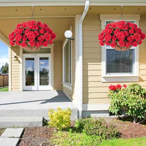 INSPRING Geraniums Artificial Flowers Hanging Basket for Outdoors Outside Spring Decoration, 8 Bundles Silk Flowers Fake Plants Look Real UV Resistant for Porch Home Patio Balcony Yard, Red in Saudi Arabia
