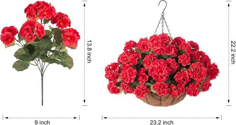 INSPRING Geraniums Artificial Flowers Hanging Basket for Outdoors Outside Spring Decoration, 8 Bundles Silk Flowers Fake Plants Look Real UV Resistant for Porch Home Patio Balcony Yard, Red in Saudi Arabia