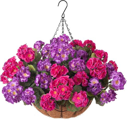 INSPRING Geraniums Artificial Flowers Hanging Basket for Outdoors Outside Spring Decoration, 8 Bundles Silk Flowers Fake Plants Look Real UV Resistant for Porch Home Patio Balcony Yard, Red in Saudi Arabia