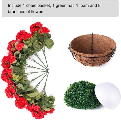 INSPRING Geraniums Artificial Flowers Hanging Basket for Outdoors Outside Spring Decoration, 8 Bundles Silk Flowers Fake Plants Look Real UV Resistant for Porch Home Patio Balcony Yard, Red in Saudi Arabia