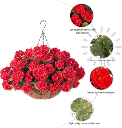 INSPRING Geraniums Artificial Flowers Hanging Basket for Outdoors Outside Spring Decoration, 8 Bundles Silk Flowers Fake Plants Look Real UV Resistant for Porch Home Patio Balcony Yard, Red in Saudi Arabia
