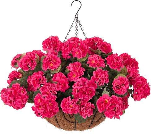 INSPRING Geraniums Artificial Flowers Hanging Basket for Outdoors Outside Spring Decoration, 8 Bundles Silk Flowers Fake Plants Look Real UV Resistant for Porch Home Patio Balcony Yard, Red in Saudi Arabia
