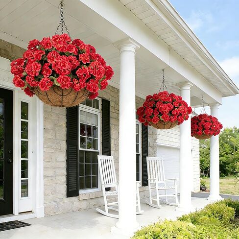 INSPRING Geraniums Artificial Flowers Hanging Basket for Outdoors Outside Spring Decoration, 8 Bundles Silk Flowers Fake Plants Look Real UV Resistant for Porch Home Patio Balcony Yard, Red in Saudi Arabia