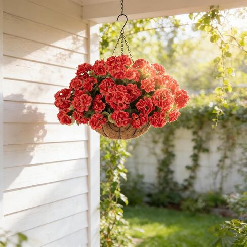 INSPRING Geraniums Artificial Flowers Hanging Basket for Outdoors Outside Spring Decoration, 8 Bundles Silk Flowers Fake Plants Look Real UV Resistant for Porch Home Patio Balcony Yard, Red in Saudi Arabia