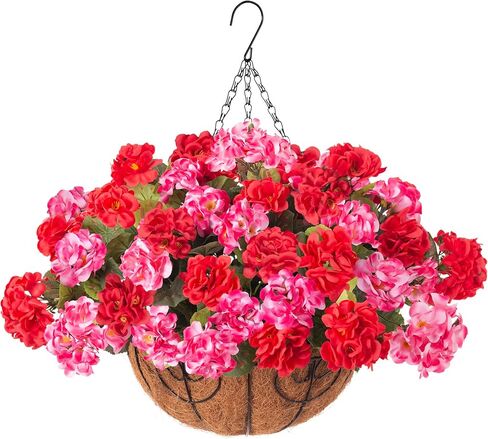 INSPRING Geraniums Artificial Flowers Hanging Basket for Outdoors Outside Spring Decoration, 8 Bundles Silk Flowers Fake Plants Look Real UV Resistant for Porch Home Patio Balcony Yard, Red in Saudi Arabia
