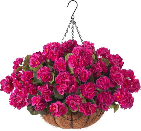 INSPRING Geraniums Artificial Flowers Hanging Basket for Outdoors Outside Spring Decoration, 8 Bundles Silk Flowers Fake Plants Look Real UV Resistant for Porch Home Patio Balcony Yard, Red in Saudi Arabia