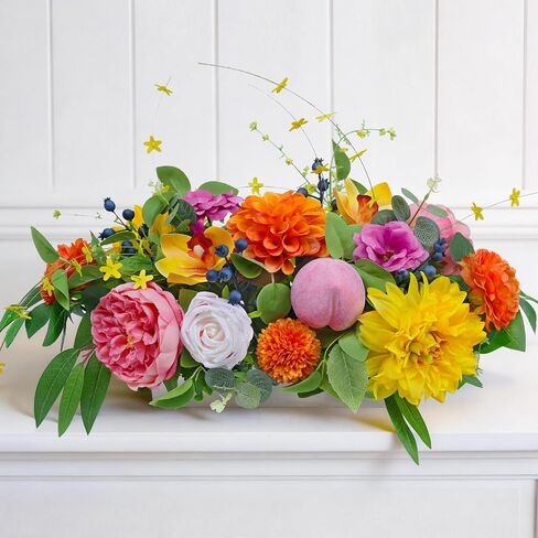 Spring Summer Centerpiece for Table with Peony, Rose & Dahlia Flowers, Peach and Berry Accents, Artificial Spring Centerpieces for Tables, Farmhouse Floral Table Decoration for Home Dining Room in Saudi Arabia
