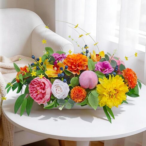 Spring Summer Centerpiece for Table with Peony, Rose & Dahlia Flowers, Peach and Berry Accents, Artificial Spring Centerpieces for Tables, Farmhouse Floral Table Decoration for Home Dining Room in Saudi Arabia
