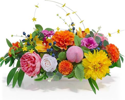 Spring Summer Centerpiece for Table with Peony, Rose & Dahlia Flowers, Peach and Berry Accents, Artificial Spring Centerpieces for Tables, Farmhouse Floral Table Decoration for Home Dining Room in Saudi Arabia