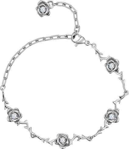 Elegant Rose Design Bracelet Adjustable Silver and Black Gun Plated Chain with Crystal Flowers for Women CB0005 in Saudi Arabia