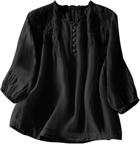 Embroidered Linen Tops for Women 3/4 Sleeve Button Up Boho Peasant Shirts Loose Casual Gauze Top Tunic Blouses in Kuwait