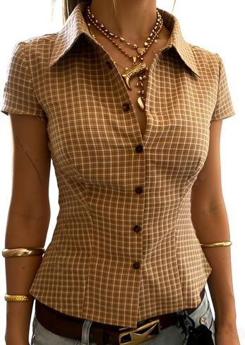 Women Y2k Gingham Button Down Shirt Cute V Neck Collared Slim Fit Short Sleeve Cinch Waist Tshirt Retro Going Out Top in Saudi Arabia