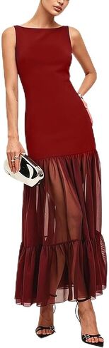 Women Mesh Sheer Backless Maxi Dress Boat Neck Sleeveless Elegant Prom Sexy Tie Strap Dress Wedding Guest Dresses in Saudi Arabia