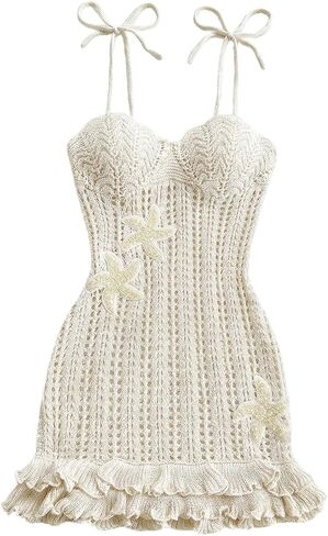GORGLITTER Women's Crochet Sequin Embellished Dress Starfish Layered Ruffle Tie Shoulder Bodycon Beach Vacation Dresses in Kuwait