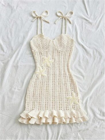 GORGLITTER Women's Crochet Sequin Embellished Dress Starfish Layered Ruffle Tie Shoulder Bodycon Beach Vacation Dresses in Kuwait