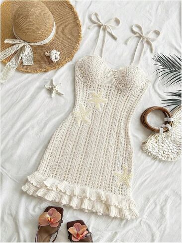 GORGLITTER Women's Crochet Sequin Embellished Dress Starfish Layered Ruffle Tie Shoulder Bodycon Beach Vacation Dresses in Kuwait