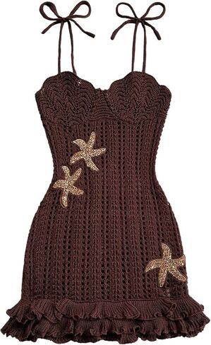 GORGLITTER Women's Crochet Sequin Embellished Dress Starfish Layered Ruffle Tie Shoulder Bodycon Beach Vacation Dresses in Kuwait