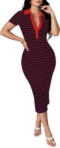 Ulovmi Women's Polo Collar Striped Midi Dress Ribbed Knit Bodycon Short Sleeve Dress Summer Slim Fit Dress in Saudi Arabia