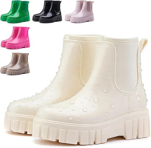 Women's High-top Mid-calf Rain Boots Waterproof Platform Chelsea Ankle Boots Comfortable Anti-slip Slip-on PVC Garden Rainboots for Outdoor Work in Saudi Arabia