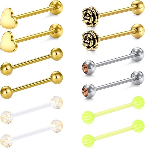 Zolure 6Pairs 14G Tongue Rings Stainless Steel Heart Rose Tongue Piercing Jewelry Cubic Zirconia Nipple Rings Bars Acrylic Tongue Barbells for Women 16mm Gold Silver Black in Saudi Arabia