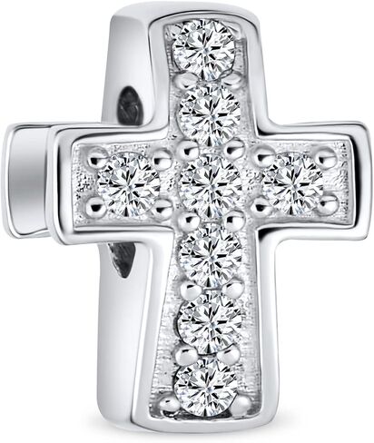 Bling Jewelry .925 Sterling Silver Simple Sparkling Spiritual Religious Clear Pave CZ Cross Charm Bead For Women Teen Communion, Weddings for Bracelet in Kuwait