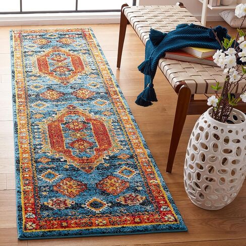 سجادة عداء من مجموعة همدان العتيقة من SAFAVIEH - 2'3" × 8'، أزرق وبرتقالي، تصميم شرقي تقليدي، لا يتساقط ويسهل العناية به، مثالية للمناطق ذات الحركة العالية في غرفة المعيشة وغرفة النوم (VTH253M) in Kuwait