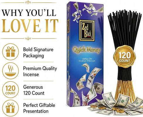 Quick Money Incense Sticks – 120 Count | Prosperity-Themed Aromatic Incense for Meditation & Spiritual Practices | Zed Black in Saudi Arabia