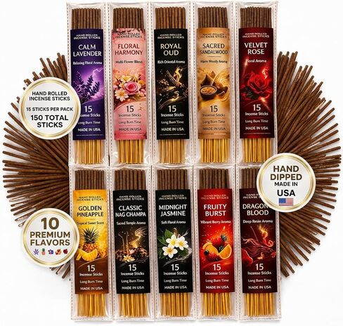 Incense Sticks Variety Pack, 150 Count – Nag Champa, Sandalwood, Lavender, Rose, Oud, Dragon Blood, Jasmine, Pineapple, Floral Harmony & Fruity Burst | 10 Scents × 15 Sticks | Natural Incense Set in Saudi Arabia