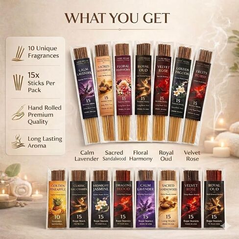 Incense Sticks Variety Pack, 150 Count – Nag Champa, Sandalwood, Lavender, Rose, Oud, Dragon Blood, Jasmine, Pineapple, Floral Harmony & Fruity Burst | 10 Scents × 15 Sticks | Natural Incense Set in Saudi Arabia