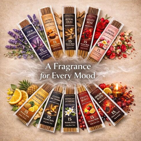 Incense Sticks Variety Pack, 150 Count – Nag Champa, Sandalwood, Lavender, Rose, Oud, Dragon Blood, Jasmine, Pineapple, Floral Harmony & Fruity Burst | 10 Scents × 15 Sticks | Natural Incense Set in Saudi Arabia