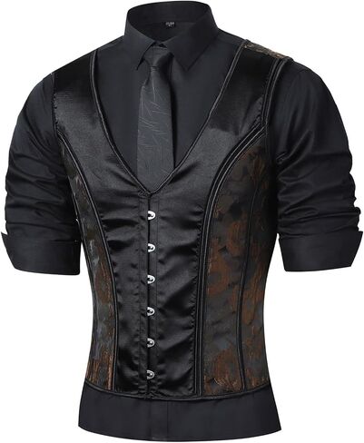 Men Corset Vest Dress Waistcoat Vintage Brown Print Lace Up Bones Waist Trainer 6 Buckles Tight Tops Party Stage in Saudi Arabia