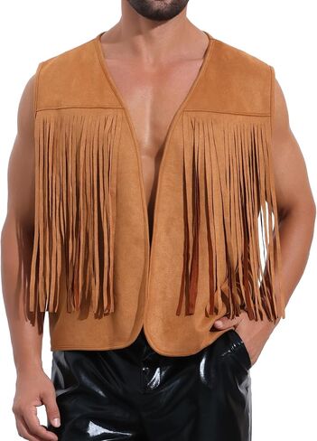 Lars Amadeus Suede Fringe Vest for Men's 70s Western Front Open Sleeveless Tassel Cardigan Jacket Waistcoat in Kuwait