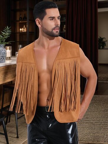 Lars Amadeus Suede Fringe Vest for Men's 70s Western Front Open Sleeveless Tassel Cardigan Jacket Waistcoat in Kuwait