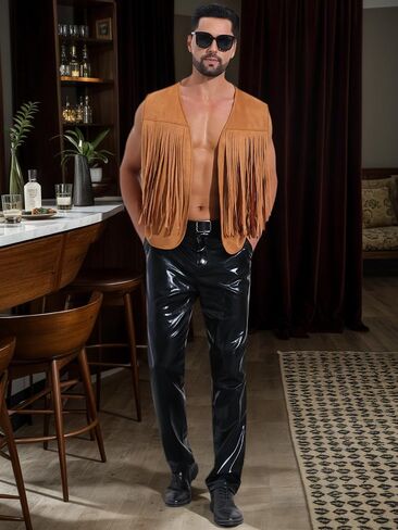 Lars Amadeus Suede Fringe Vest for Men's 70s Western Front Open Sleeveless Tassel Cardigan Jacket Waistcoat in Kuwait