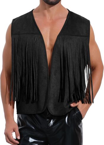Lars Amadeus Suede Fringe Vest for Men's 70s Western Front Open Sleeveless Tassel Cardigan Jacket Waistcoat in Kuwait