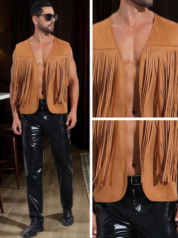 Lars Amadeus Suede Fringe Vest for Men's 70s Western Front Open Sleeveless Tassel Cardigan Jacket Waistcoat in Kuwait