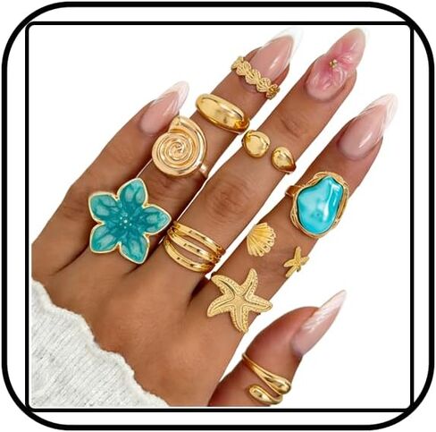 Shell Rings Set for Women Gold Seashell Starfish Blue Enamel Stainless Steel Open Rings Adjustable Beach Finger Ring Dainty Trendy Summer Ocean Jewelry Gifts in Saudi Arabia